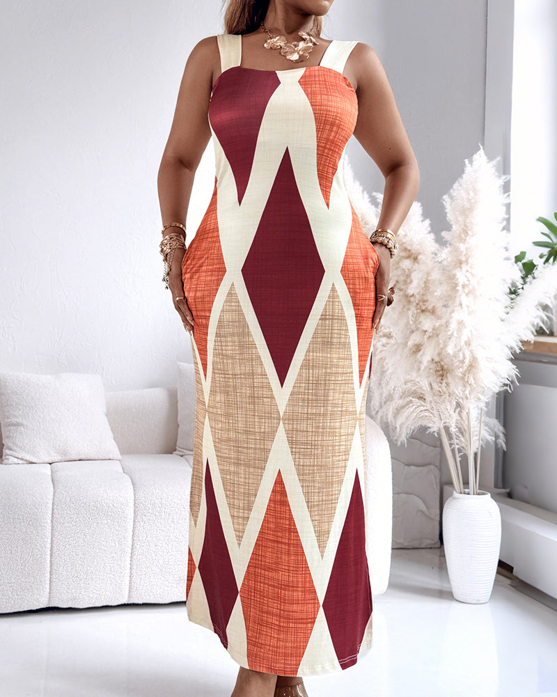 Geometric Print Square Neck Thick Strap Vacation Dress Casual Slim Fit Slit Maxi Dress