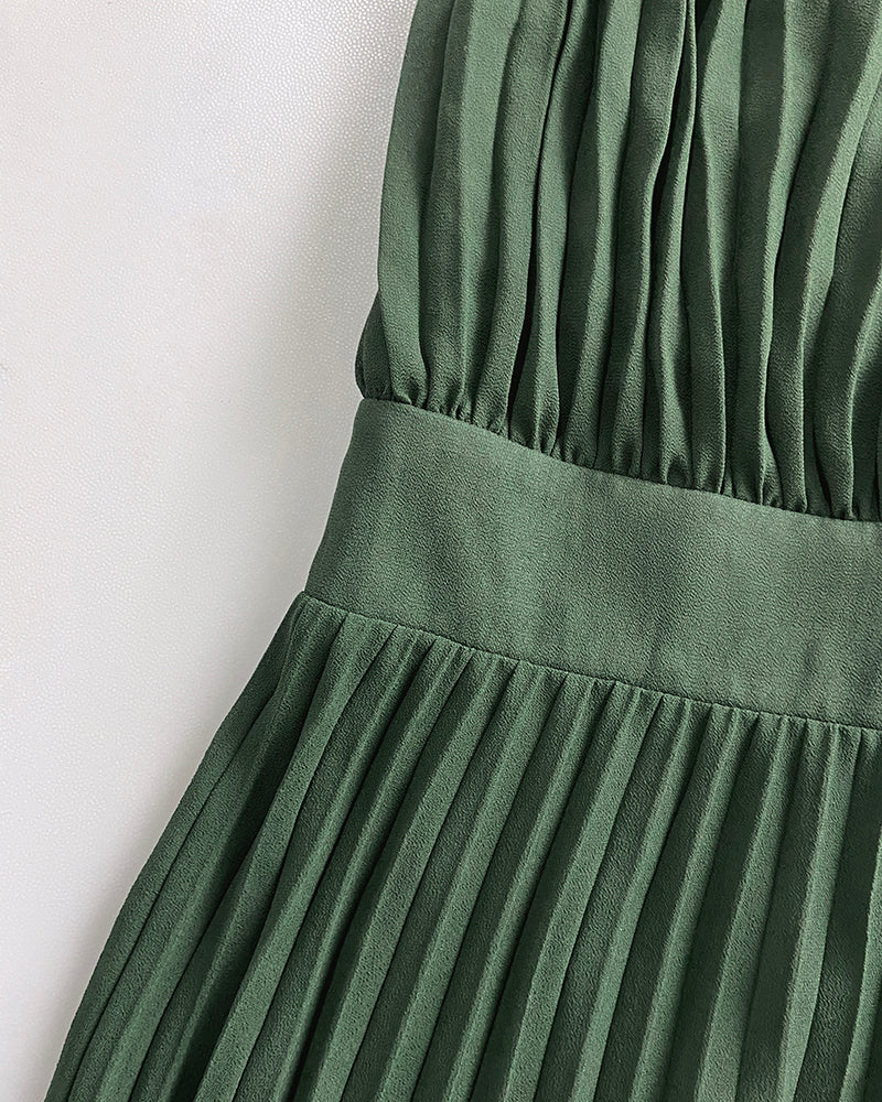 Deep V-Neck Batwing Sleeve High Waist Pleated Maxi Dress Casual Cinched Waist Backless Tied Detail Zipper Back Evening Dress