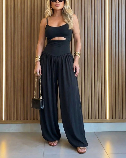 CHICME Women's Cut-out Waist Cami Jumpsuit Backless Tie-Back Lantern Romper Ruched High Waist Summer Jumpsuit