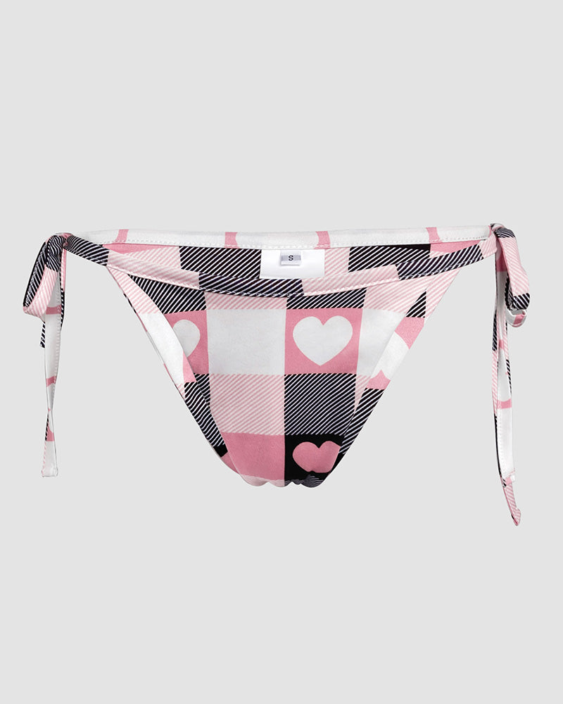 Bowknot Decor Heart & Plaid Print V Neck Adjustable Spaghetti Straps Nightgown Sexy Slim Fit Asymmetrical Hem Night Dress with Matching Panties