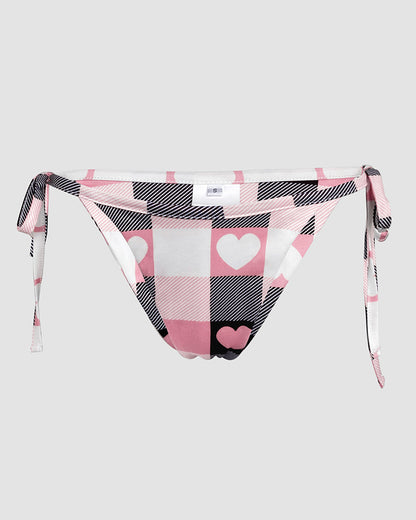 Bowknot Decor Heart & Plaid Print V Neck Adjustable Spaghetti Straps Nightgown Sexy Slim Fit Asymmetrical Hem Night Dress with Matching Panties