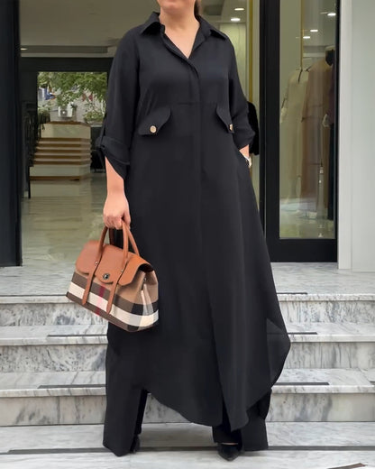 2 Pieces Outfit Turn-down Collar Turn-Up Sleeves Button Front Asymmetrical Hem Longline Blouse and Casual Elastic Waist Wide Leg Pants Set