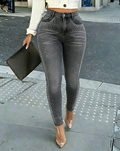 Rhinestone Decor High Waist Zipper Fly Skinny Jeans Washed Denim Pants without Belt