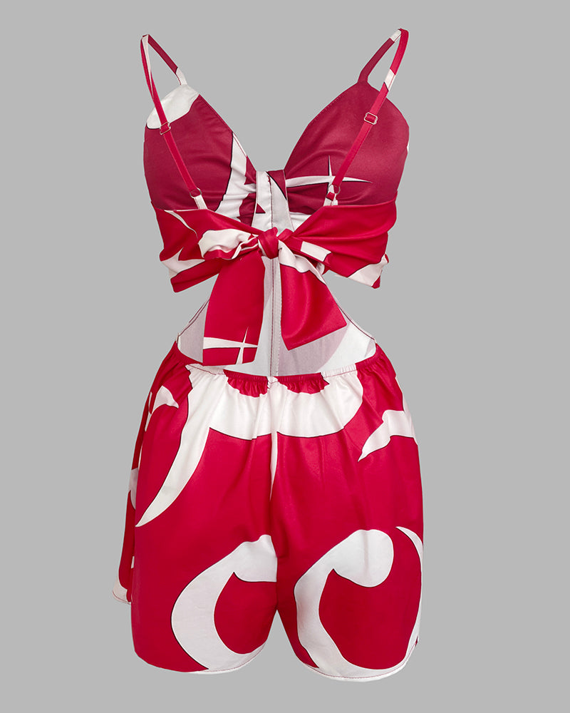 Floral Print Deep V-Neck Adjustable Spaghetti Straps Romper Casual Tied Back Cutout Slim Fit Skort Romper