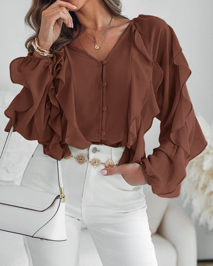 V Neck Shoulder Ruffles Design Blouse Casual Button Front Long Sleeve Top