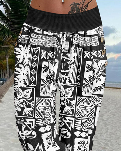 Plants Print Low Waist Wooden Button Decor Capris Pants Vacation Pants with Pockets
