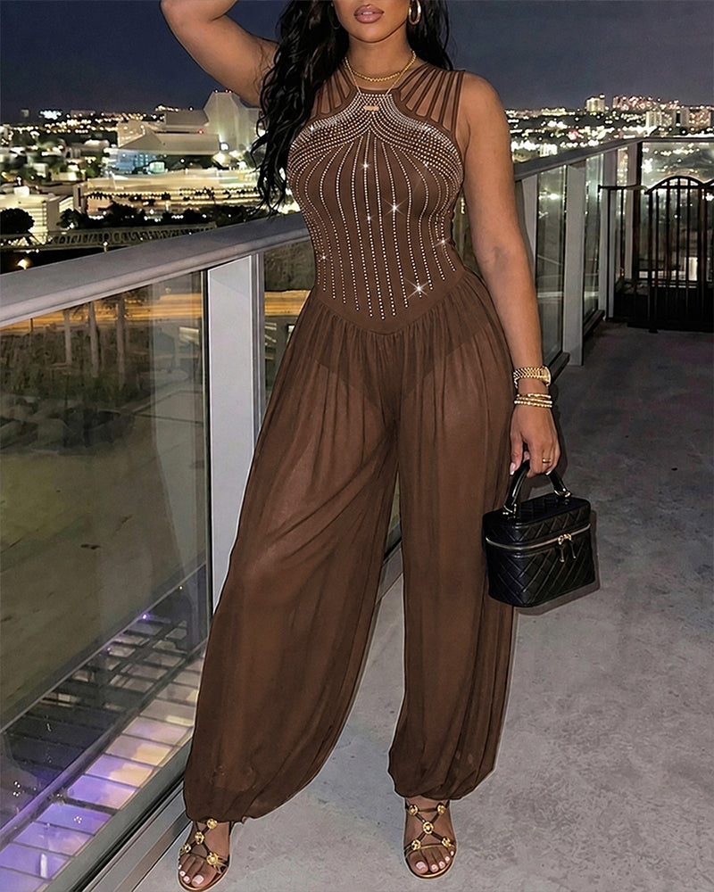Women's Rhinestone Cutout Jumpsuit Sleeveless Sheer Chiffon Lantern Leg Overalls