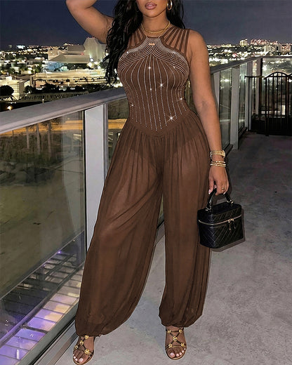 Women's Rhinestone Cutout Jumpsuit Sleeveless Sheer Chiffon Lantern Leg Overalls