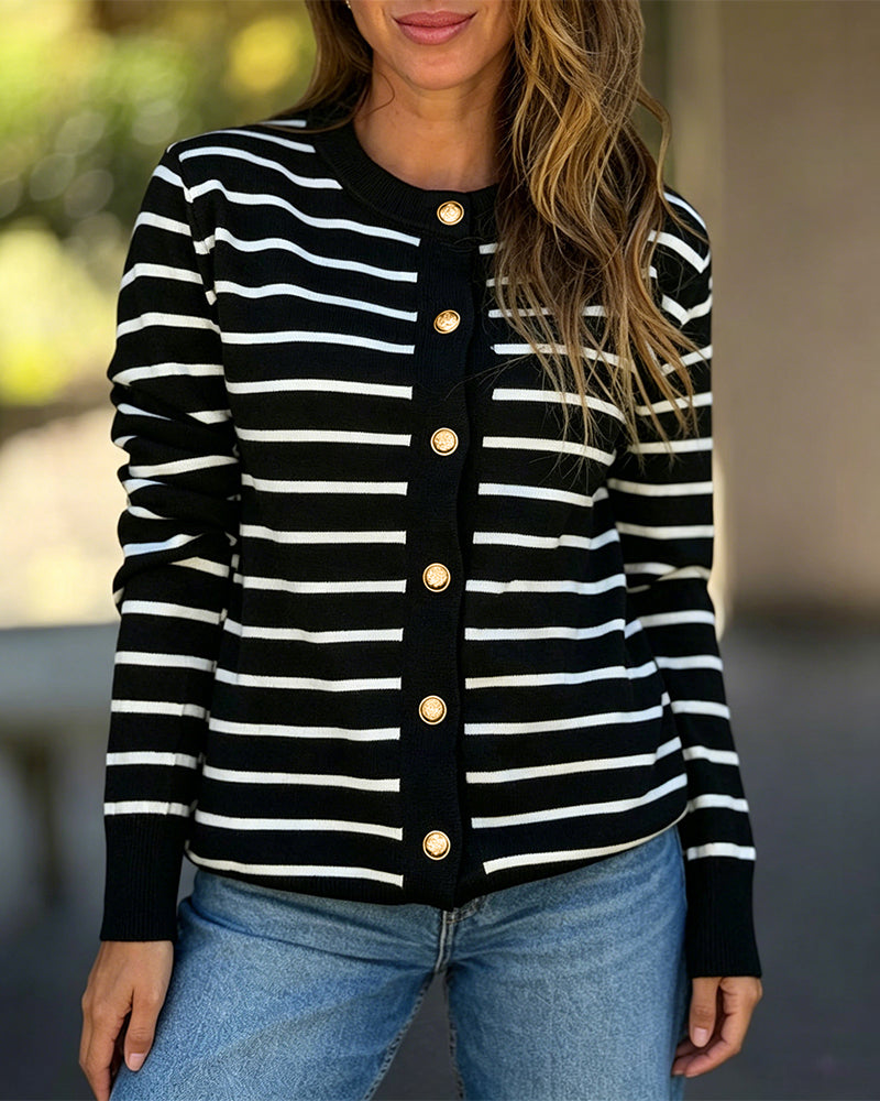 Women's Striped Knit Cardigan Casual Crewneck Button Down Sweater Vintage French Style Long Sleeve Top