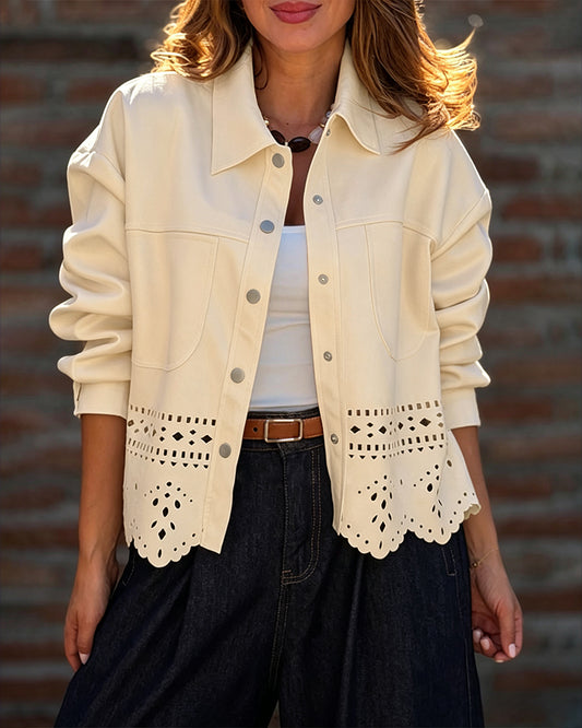 Women's Burnout Pattern Scalloped Hem Suede Coat Lapel Collar Button Front Cropped Jacket