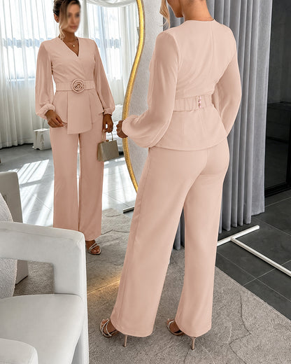 Women's 2 Piece Outfits Blazer Set Wrap V Neck Lantern Sleeve Top and High Waisted Straight Pants with Belt
