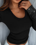 Women's U-Neck Rhinestone Cuff Long Sleeve Top Ribbed Knit Ruched Tee