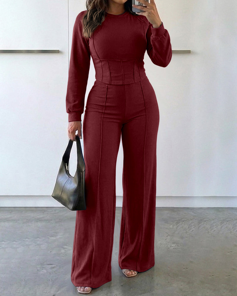 2 Pieces Outfit O-neck Long Sleeve Cinched Waist Sweatshirt and Elastic Waist Wide Leg Pants Set Casual Seam Design Sweatpants Set
