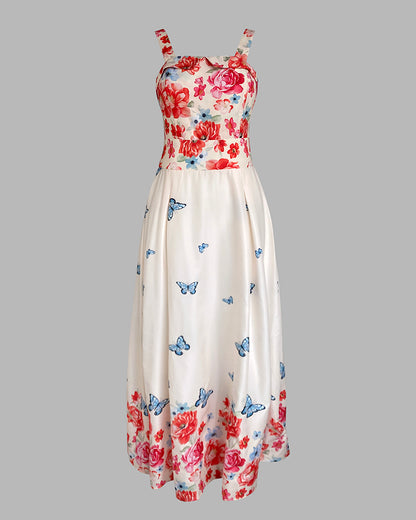 Floral Print Spaghetti Strap Square Neck Shirred Maxi Dress Casual Flowy A Line Vacation Dress