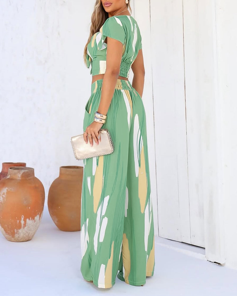 2 Pieces Outfit V Neck Petal Sleeve Tie Front Shirred Back Hem Crop Top and High Waist Elastic Back Waist Wide Leg Pants Set Casual Colorblock Abstract Print Set