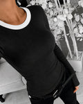 Women's Ribbed Long Sleeve Top Contrast Trim Crew Neck Fitted T Shirt