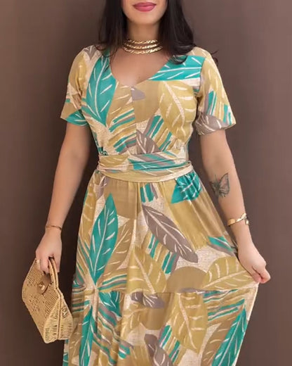Plants Print Short Sleeve Tied Detail Maxi Dress Casual Waist Flowy A Line Dress