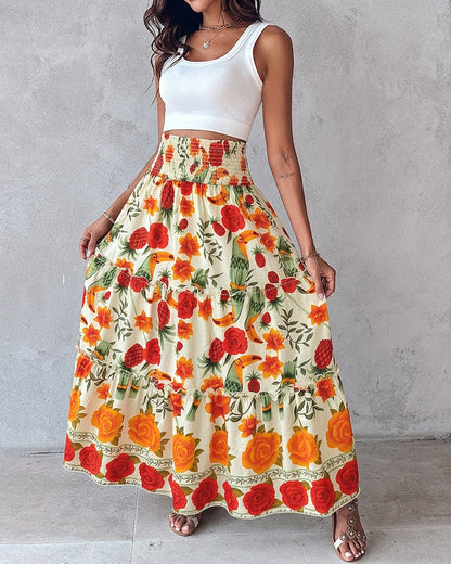 Women's Tropical Parrot Floral Maxi Skirt Shirred High Waist Ruffle Boho Skirt Flowy A-Line Skirt with Pocket