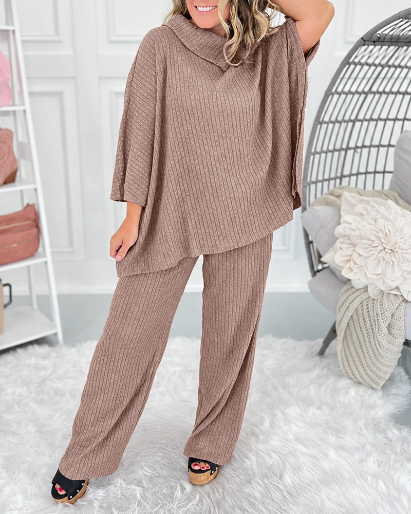 Women's 2 Piece Ribbed Knit Set Asymmetrical Zipper Turtleneck Batwing Sleeve Top and Pants Casual Loungewear