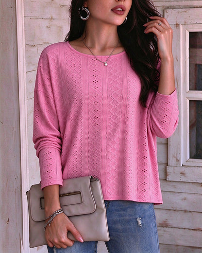 Top para mujer con cuello redondo, espalda descubierta con detalle retorcido, paneles de encaje y manga larga