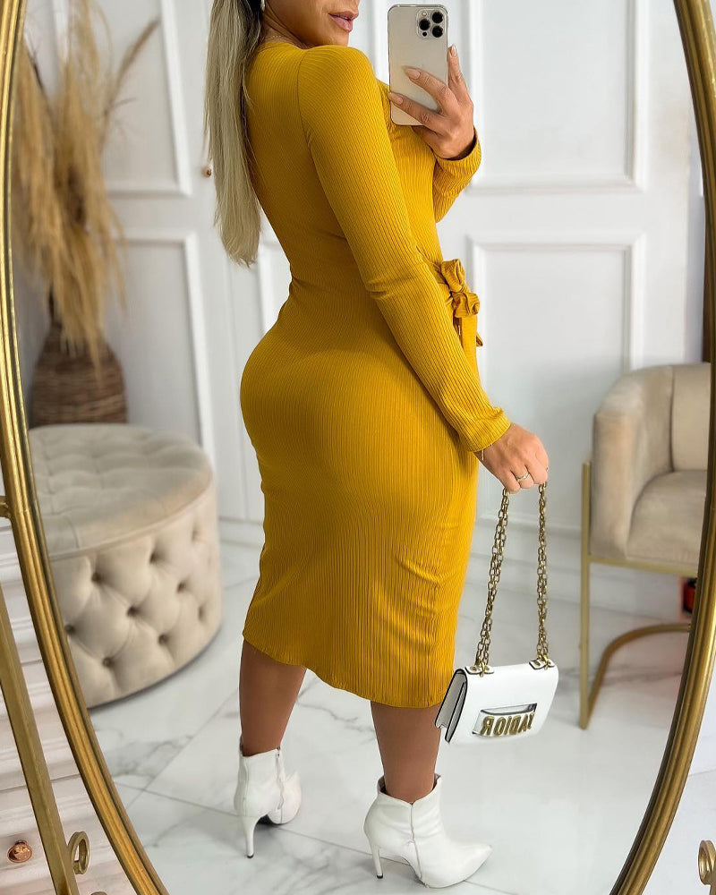 Round Neck Tied Detail Asymmetrical Hem Casual Dress