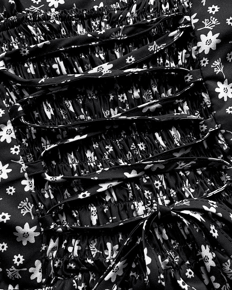 Floral Print Square Neck Thick Strap Tied Detail Romper Casual Shirred Lace-up Back Slit Skort Romper