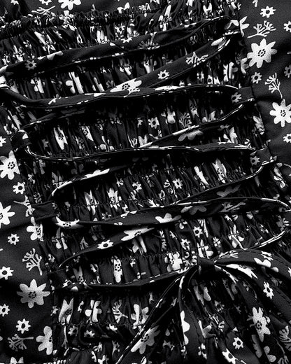 Floral Print Square Neck Thick Strap Tied Detail Romper Casual Shirred Lace-up Back Slit Skort Romper