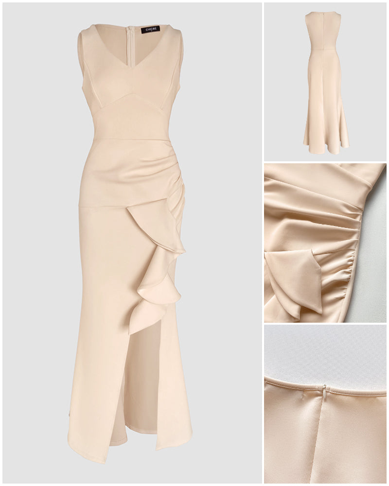 Deep V-Neck Thick Strap Side Ruffled Slit Evening Dress Cinched Waist Zipper Back Slim Fit Maxi Dress