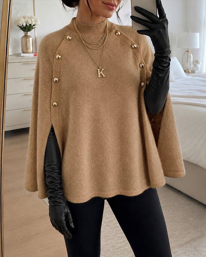 Suéter de punto holgado para mujer con cuello alto simulado, estilo «old money», capa, abertura lateral y mangas murciélago, cálido y acogedor para invierno