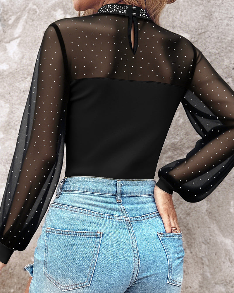 Rhinestone Decor Mock Neck Lantern Sleeve Sheer Mesh Spliced Tee Hollow-out Back Slim Fit Top