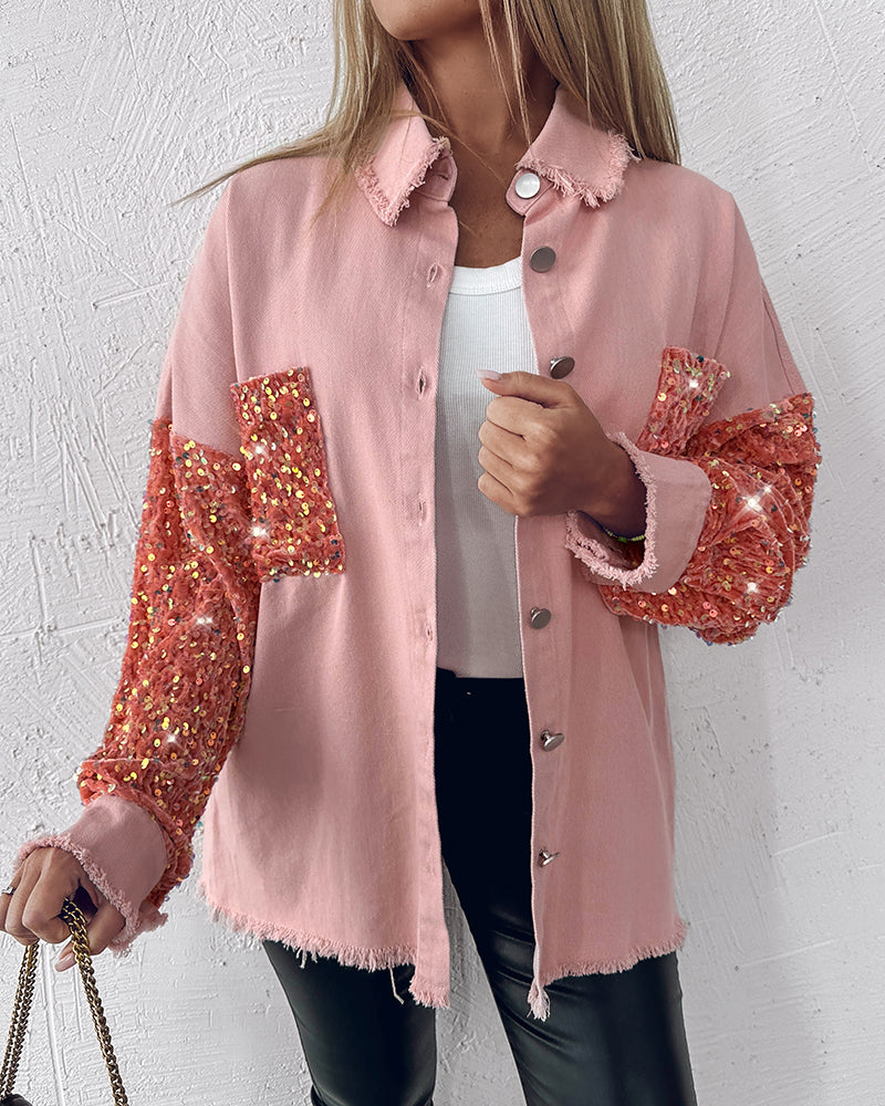 Casual Jacket Sequin Patchwork Long Sleeve Jacket Top Button Front Raw Hem Oversized Denim Shacket