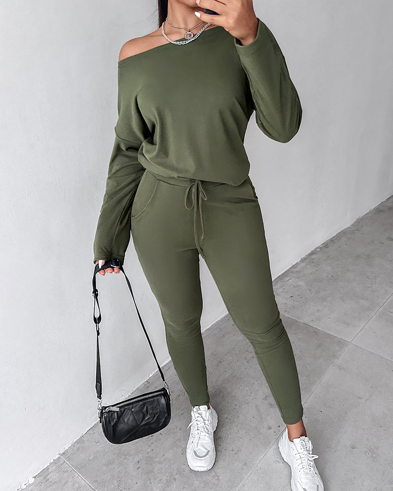 2 Pieces Outfit Long Sleeve Skew Neck Pullover Top And Drawstring Elastic Waist Slim Fit Pants Set