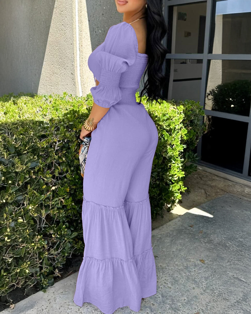 Square Neck Long Sleeve Drawstring  Shirred Jumpsuit