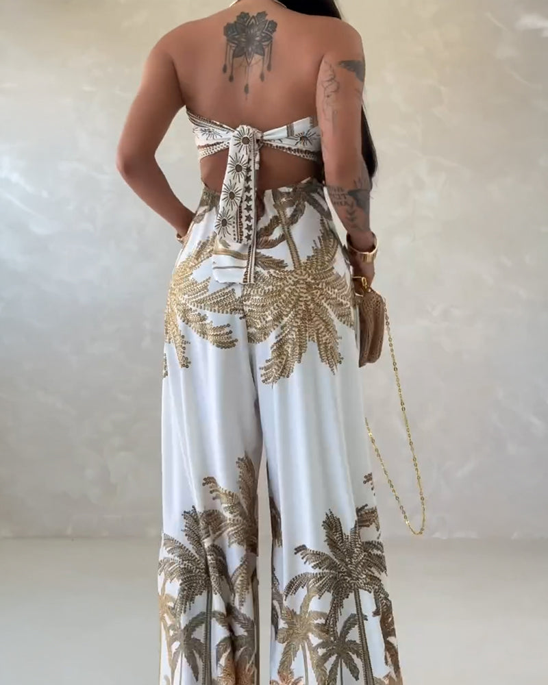 Palm Tree Print Bandeau Twist Front Backless Tie Back Overalls Casual Hollow-out Front Wide Leg Jumpsuit