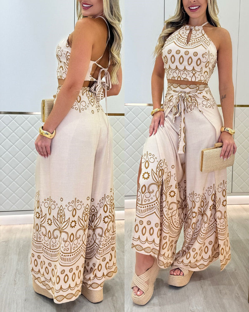 2 Pieces Outfits Tribal Print Keyhole Neck Sleeveless Top and Wide Leg Tied Detail Slit Pants Sets