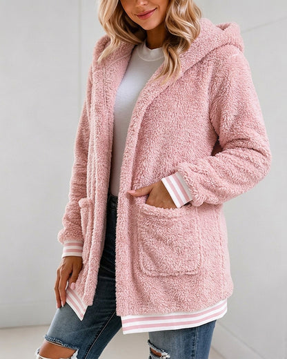 Women's Sherpa Fleece Hooded Jacket Open Front Striped Trim Fuzzy Outerwear Coat