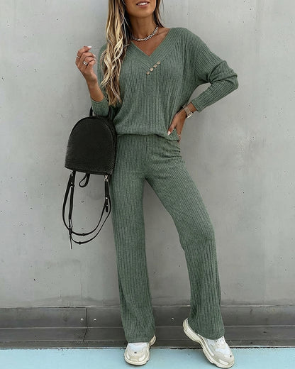 2 Pieces Outfit Button Decor V-Neck Long Sleeve Top and Elastic Waist Straight Leg Pants Set Casual Ribbed Set