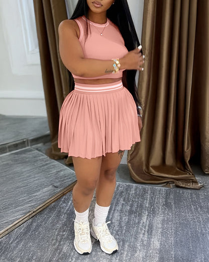 2 Pieces Outfit Round Neck Sleeveless Crop Tank Top and Elastic Waist Pleated Mini Skirt Set Casual Contrast Paneled Set