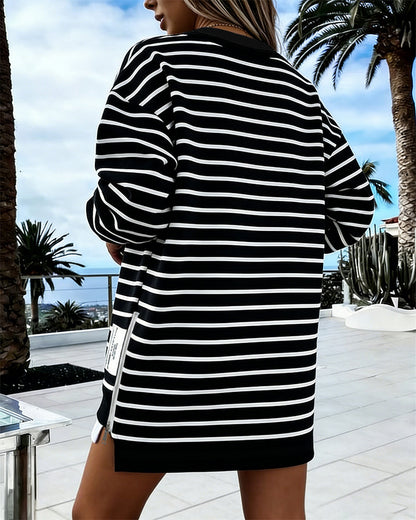 Women's Striped Sweatshirt Dress Long Sleeve Crew Neck Casual Pullover Side Zipper Trendy Streetwear