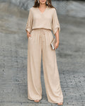 Women's 2 Piece Crinkled Outfits Notch Neck Roll Up Sleeve Top and High Waisted Wide Leg Pants Set