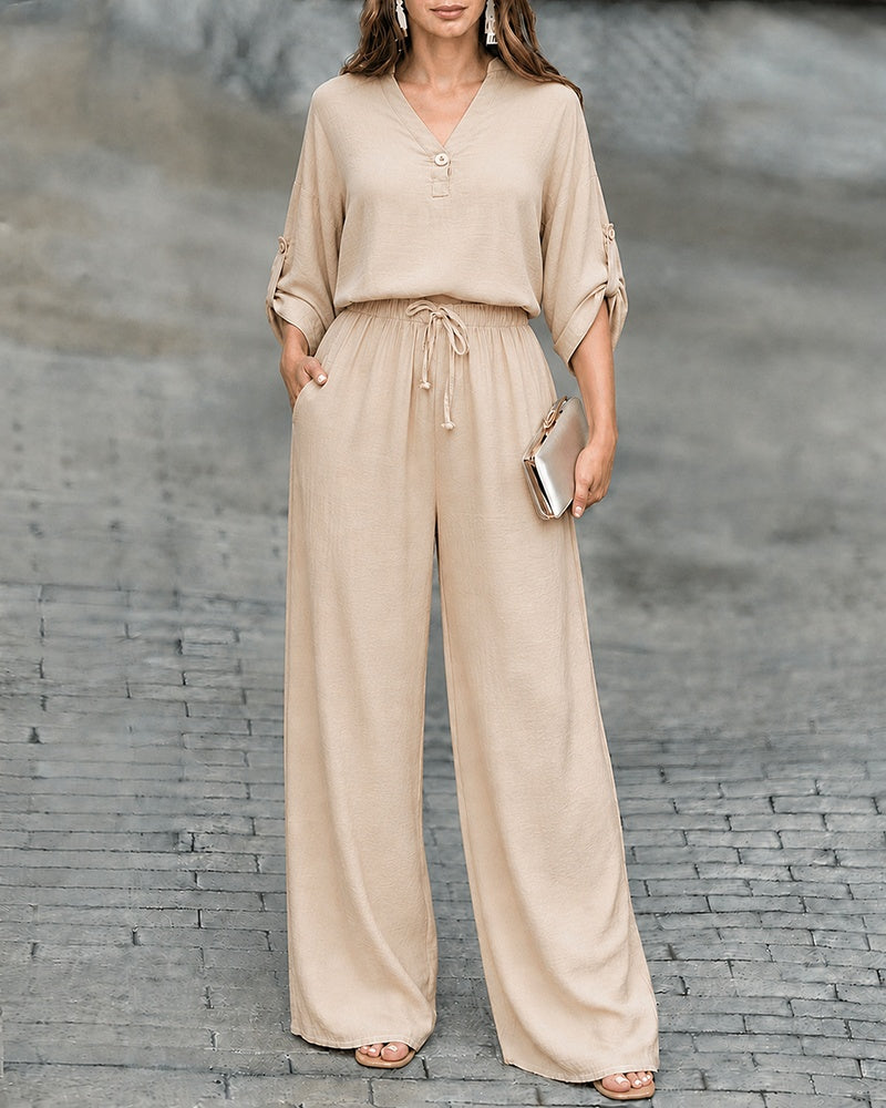 Women's 2 Piece Crinkled Outfits Notch Neck Roll Up Sleeve Top and High Waisted Wide Leg Pants Set
