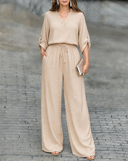 Women's 2 Piece Crinkled Outfits Notch Neck Roll Up Sleeve Top and High Waisted Wide Leg Pants Set