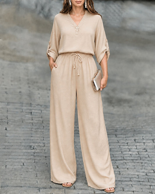 Women's 2 Piece Crinkled Outfits Notch Neck Roll Up Sleeve Top and High Waisted Wide Leg Pants Set