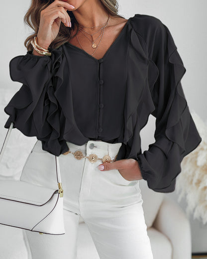 V Neck Shoulder Ruffles Design Blouse Casual Button Front Long Sleeve Top
