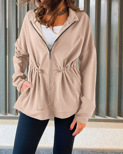 Long Sleeve Waist Drawstring Hooded Coat Casual Loose Fit Cardigan Jacket with Pockets