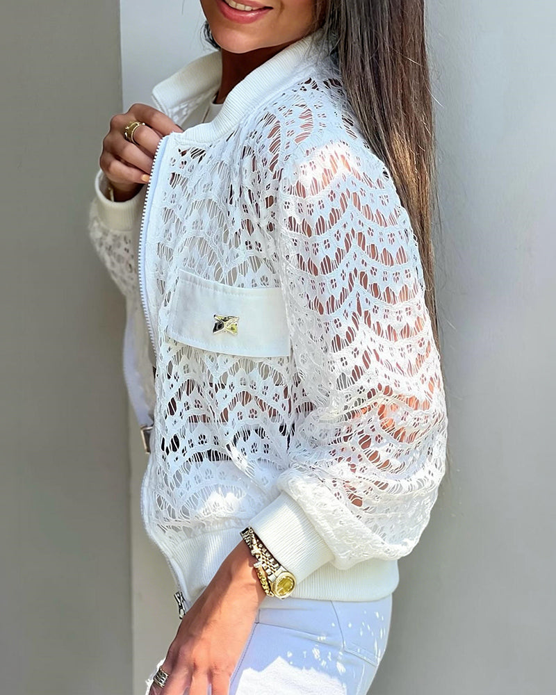 Women's Lace Hollow Out Bomber Jacket Sheer Wave Pattern Lace Zip Up Outerwear Ribbed Trim Coat