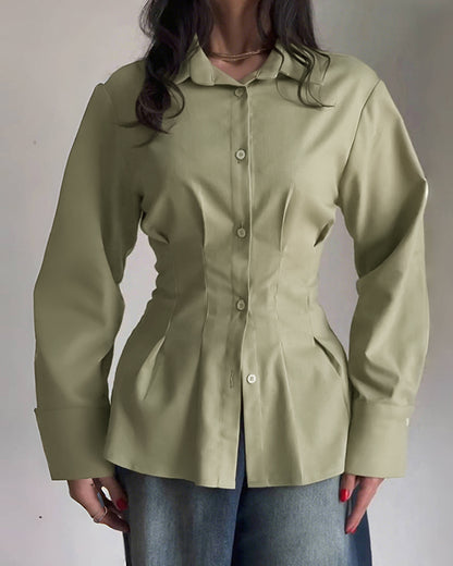 Turn-down Collar Long Sleeve Button Front Blouse Casual Back Criss Cross Tied Detail Fishtail Shirt