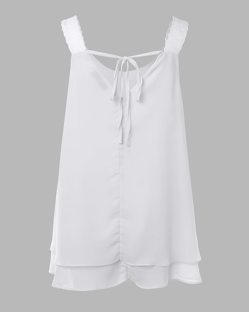 U-Neck Thick Strap Tank Contrast Lace Tied Detail Top