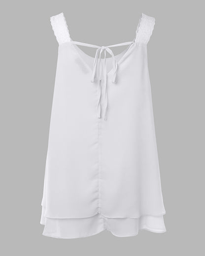 U-Neck Thick Strap Tank Contrast Lace Tied Detail Top