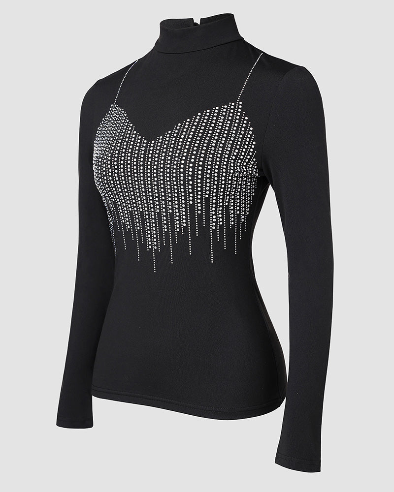 Mock Neck Long Sleeve Rhinestone Decor Top